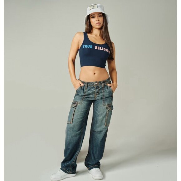True Religion Denim - True Religion Big T Cargo Pants Women’s 29 Low Rise Baggy Jeans Embroidered Y2K